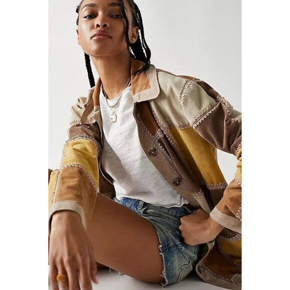 NWT FREE PEOPLE Sz L EDIE CROCHET CHORE LEATHER SUEDE PATCHED SHIRT JACK… - Picture 3 of 9
